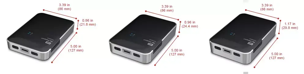 Az 500 GB-os, 1 TB-os és 2 TB-os modellek méretei