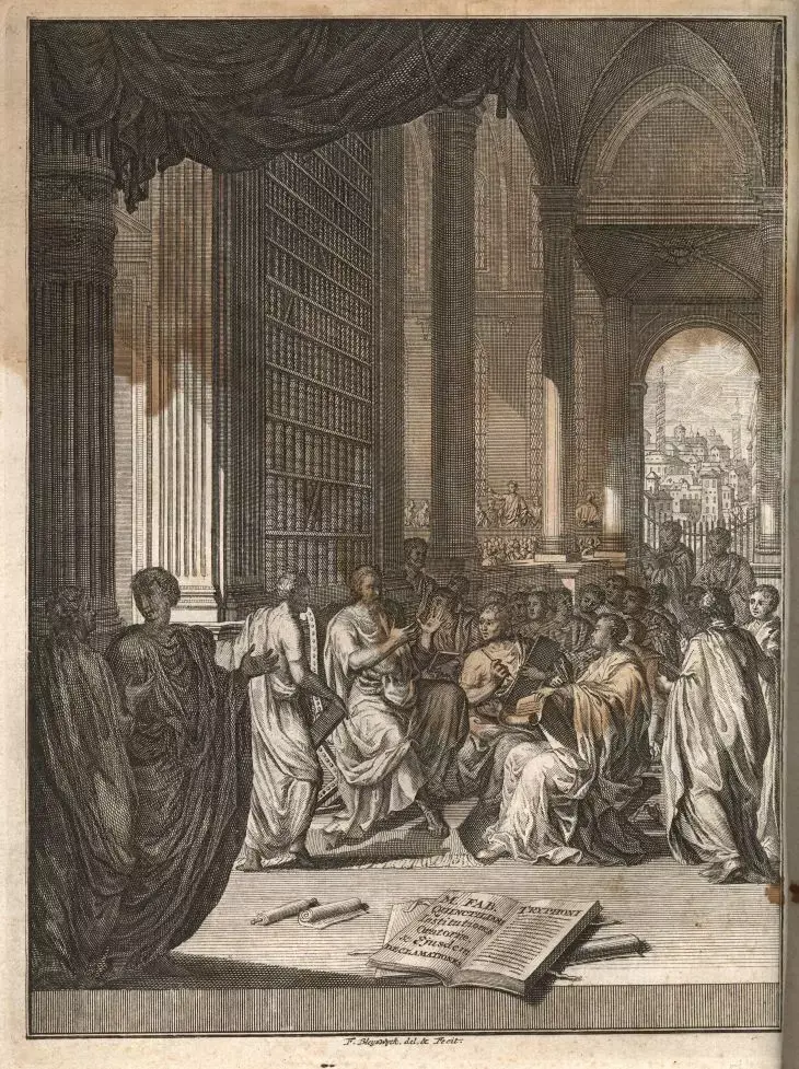 Quintilianus fő művének, az Institutio Oratoria-nak egy 1720-as kiadásából származó illusztráció, melyen a szónok retorikát tanít.