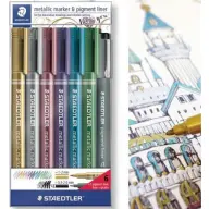 STAEDTLER Dekormarker 1-2 mm kúpos 6 különböző metál szín ajándék fekete tusfilccel