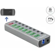 DELOCK 63264 USB 3.2 Gen 1 hub 7 porttal valamint 1 gyorstöltő porttal és 1 USB-C™ PD 3.0 porttal kapcsolóval és megvilágítással