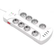 WELL Elosztó 8 aljzat 4x USB-A 3m fehér kapcsolós