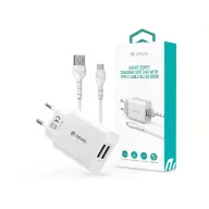 DEVIA 2xUSB hálózati töltő adapter + USB - Type-C kábel 1 m-es vezetékkel 12W fehér