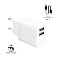 FIXED Dual USB Travel Charger + USB/USB-C Cable 17W bel