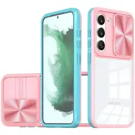 WOOZE Trendy Műanyag hátlap + szilikon keret átlátszó akril hátlap kamera védelem Samsung Galaxy S23 rózsaszín-kék