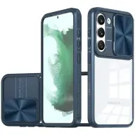 WOOZE Trendy Műanyag hátlap + szilikon keret átlátszó akril hátlap kamera védelem Samsung Galaxy S24 Ultra sötétkék