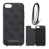 CG MOBILE iPhone SE 3 (2022) GUESS 4G Crossbody plastic telefonvédő fold textil back panel kártyazseb + neck strap SÖTÉTSZÜRKE