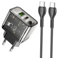 HOCO N34 hálózati töltő USB+Type-C aljzat 20W PD gyorstöltő 3.0 FEKETE
