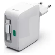 HAMA GaN fast charger 2x USB-C with retractable cable PD 30W white
