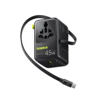 BASEUS PicoGo AG11 utazó töltő 2 USB+Type-C aljzat 45W GaN6 gyorstöltés EU UK US AU + fix Type-C kábel fekete E0307F00