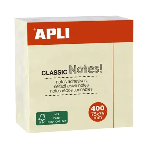 APLI Self-adhesive sticky note cube 400 sheets yellow 75 x 75 mm