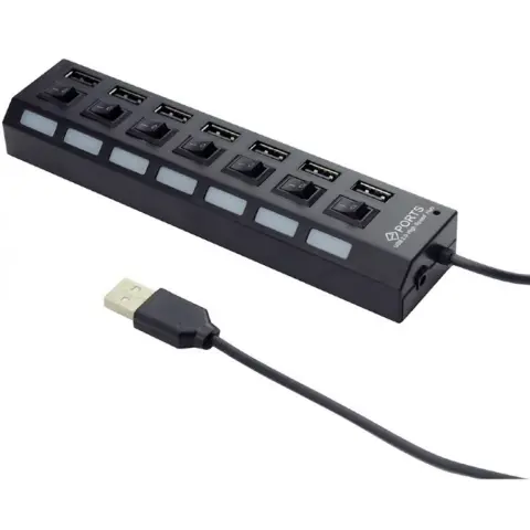 GEMBIRD USB 2.0 powered 7-port hub with switches fekete