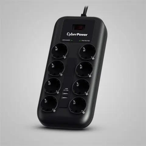 CYBERPOWER P0820SUF0-DE prelungitor 8 prize 2xUSB cu întrerupător și protecție 1.8m negru