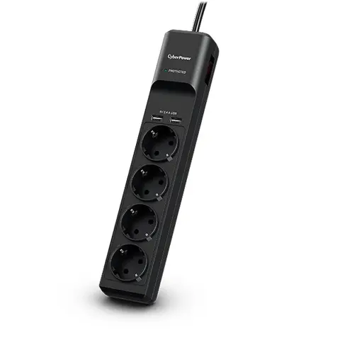 CYBERPOWER Hálózati 4 aljzat elosztó 2x USB 1.8m fekete védett kapcsolós