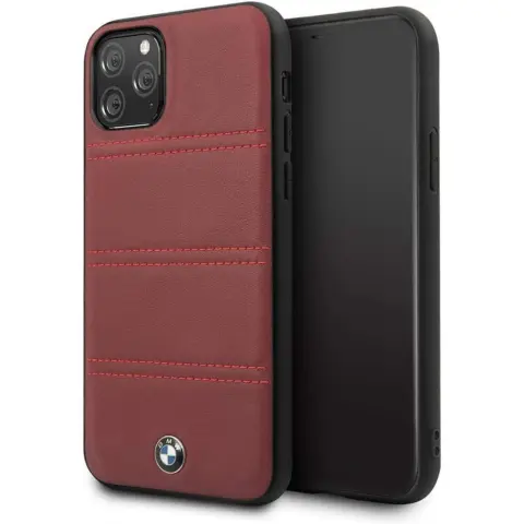 BMW Bőr vízszintes csíkos hátlap tok BMW Logóval iPhone 11 Pro burgundi vörös
