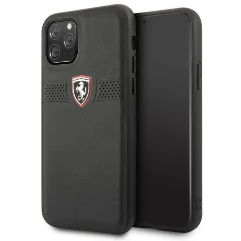 FERRARI Bőr hátlap tok Dombornyomott lukacsos csíkkal Ferrari Off Track Logóval iPhone 11 Pro fekete