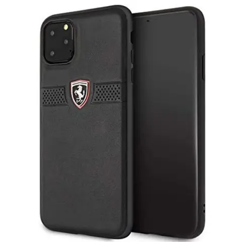 FERRARI Bőr hátlap tok Dombornyomott lukacsos csíkkal Ferrari Off Track Logóval iPhone 11 Pro Max fekete