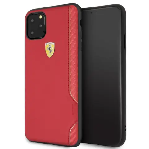 FERRARI PU bőr hátlap tok szénszállal Ferrari on Track Logóval iPhone 11 Pro Max piros