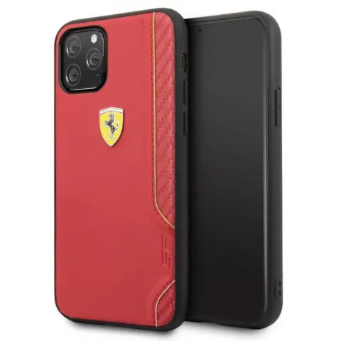 FERRARI PU bőr hátlap tok szénszállal Ferrari on Track Logóval iPhone 11 Pro piros