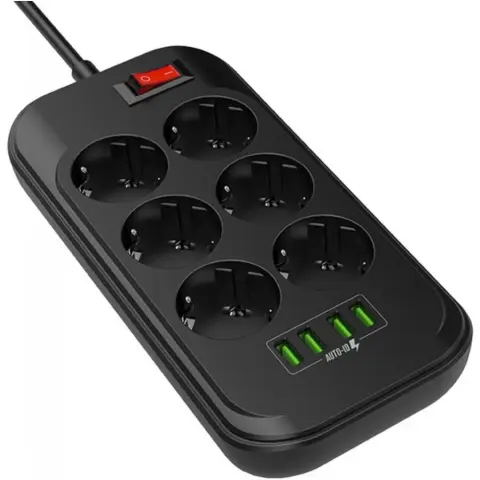 COLORWAY CW-CHE64B Hálózati 6 aljzat elosztó 4x USB 2m fekete