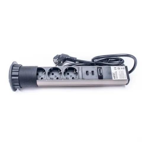 TOO PPS-306-3BR 3 aljzat rejtett hálózati elosztó 2x USB fekete-szálcsiszolt