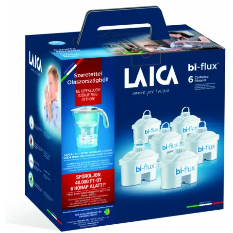 LAICA J996050 set cadou cu 6 cartușe filtrante universale bi-flux Stream Line și cană albă cu filtru mecanic de apă