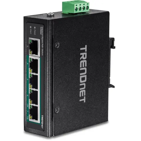 TRENDNET TI-PG50 5-Port ipari Gigabit PoE+ DIN-Rail Switch