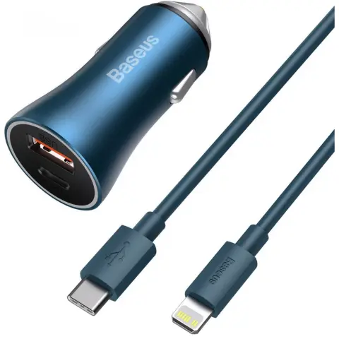 BASEUS Golden Contactor Pro auto punjač 1xUSB 1xUSB-C 40W + Lightning kabel plavi