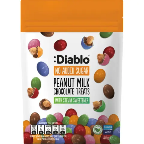 Diablo peanut dragees in milk chocolate and sugar coating no added sugar 40 g