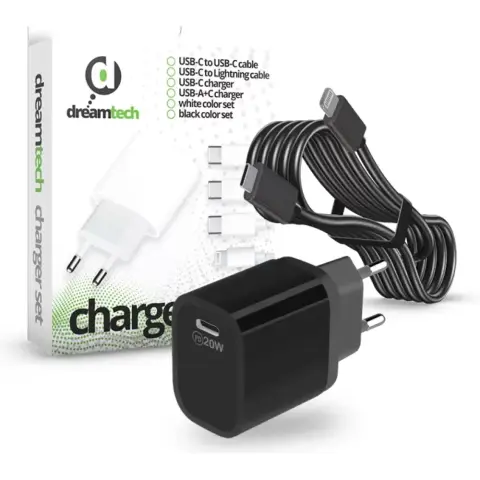 DREAMTECH PD Charger Set s 20W adapterom i USB-C/Lightning kabelom CRNI