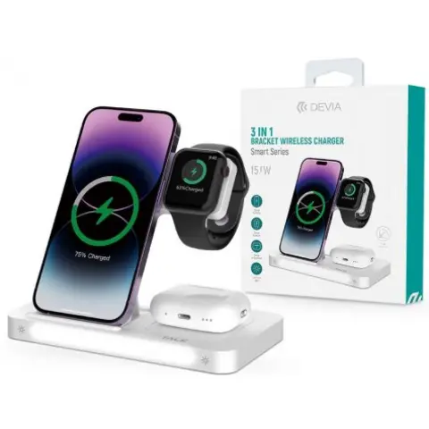 DEVIA 3 in 1 Bracket Vezeték nélküli Qi univerzális töltő állomás 15W fehér