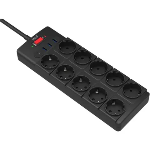 WELL Razdelilnik 10 vtičnic 3x USB-A 1x USB-C 2m črn s stikalom zaščiten