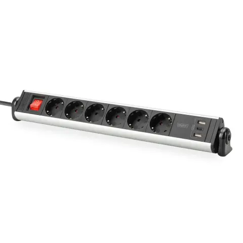 DIGITUS DA-70624 Power strip 6 sockets 3x USB 1.5m black-silver with switch