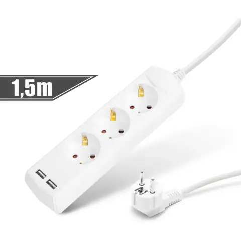 DELIGHT 20201U Elosztó 3 aljzat 2x USB 1.5m fehér