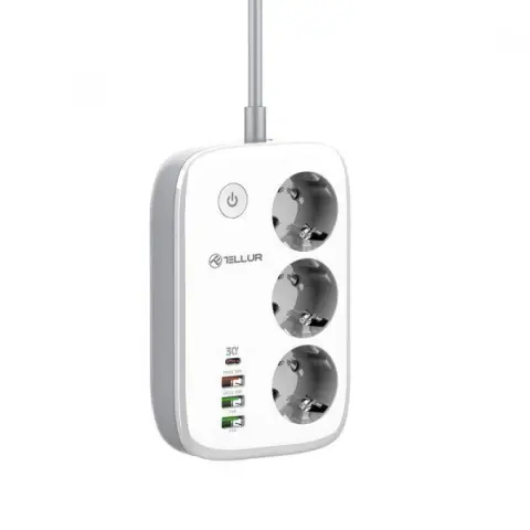 TELLUR TLL331521 Smart Elosztó 3 aljzat 4x USB 2m fehér kapcsolós