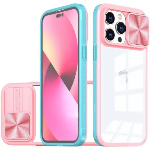 WOOZE Trendy plastic back cover + silicone frame transparent acrylic back cover camera protection Apple iPhone 15 Pro Max pink-blue