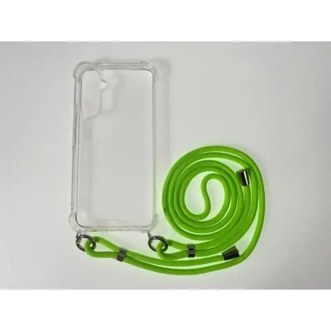 CELLECT Hrbtni ovitek z vrvico za nošenje okoli vratu iPhone 15 Plus prozorno-neonsko zelena vrvica