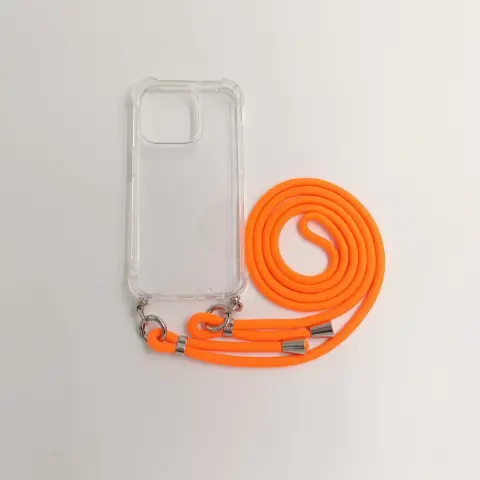 CELLECT Hrbtni ovitek z vrvico za nošenje okoli vratu iPhone 15 Pro Max prozorno-oranžna vrvica