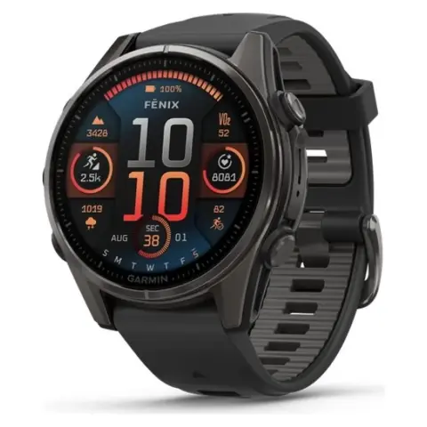 GARMIN Fenix 8 43mm Amoled Sapphire karbonszürke DLC titanium fekete/sötétszürke szilikon szíjjal