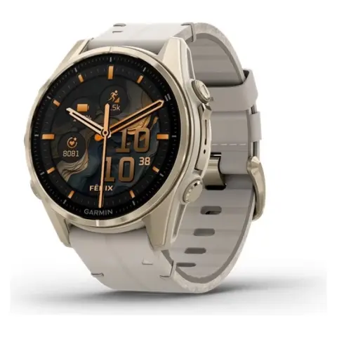 GARMIN Fenix 8 43mm Amoled Sapphire krémarany acél homokkő bőrszíjjal + homokkő/szürke szilikon szíjjal