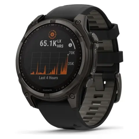 GARMIN Fenix 8 47mm Solar Sapphire karbonszürke DLC titanium fekete/sötétszürke szilikon szíjjal