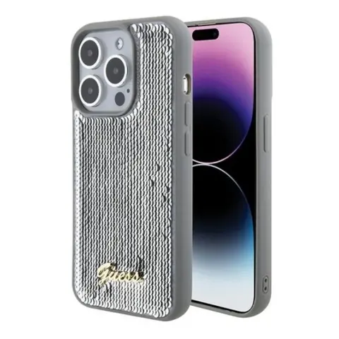 GUESS Sequin Script Metal Apple iPhone 15 Pro hátlap tok ezüst