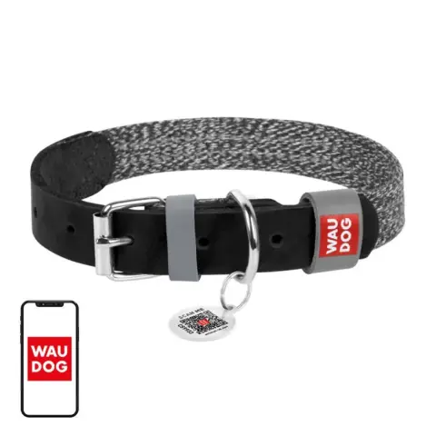 WAUDOG 58901 Leather dog collar with QR code S 15mm fekete