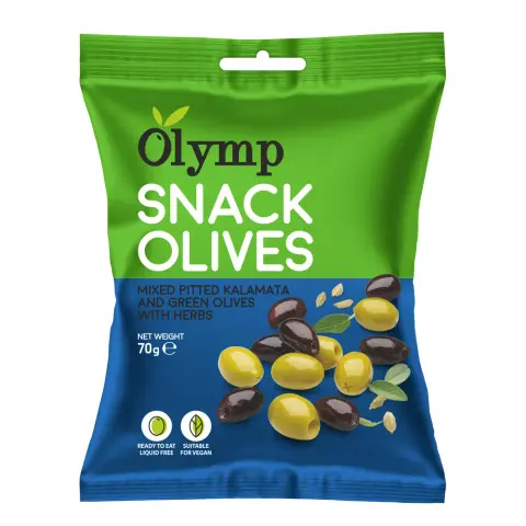 Olymp snack fűszerezett zöld és kalamata magozott olajbogyó 70 g