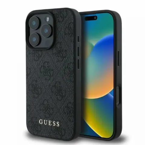 GUESS iPhone 16 Pro GUESS 4G METAL GOLD LOGO műanyag telefonvédő textil hátlap FEKETE