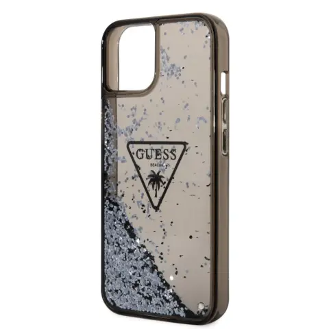 GUESS Liquid Glitter Triangle Logo maska za Apple iPhone 14 crno-prozirna