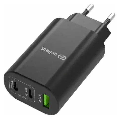 CELLECT Mains fast charger adapter 65W with USB-A and C connector black