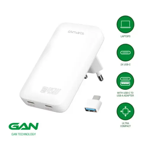 4SMARTS FlatPlug Slim Dual USB-C power adapter 65W white