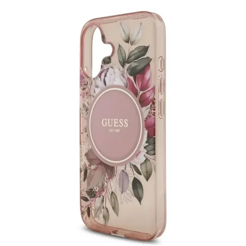 GUESS IML Flowers MagSafe case with wrist strap iPhone 17 pink patterned
