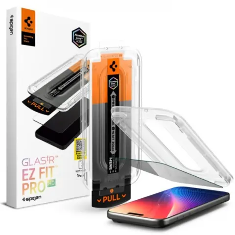 SPIGEN iPhone 17 Pro / iPhone 18 Pro SPIGEN GLASS TR EZ FIT PRO HD képernyővédő üveg 2.5D 9H + segédkeret ÁTLÁTSZÓ