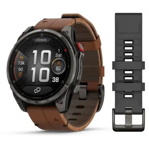 GARMIN Fenix 8 Pro Amoled Sapphire 47mm karbonszürke DLC Titanium barna bőr- és fekete/szürke szilikon szíj (ED XD)